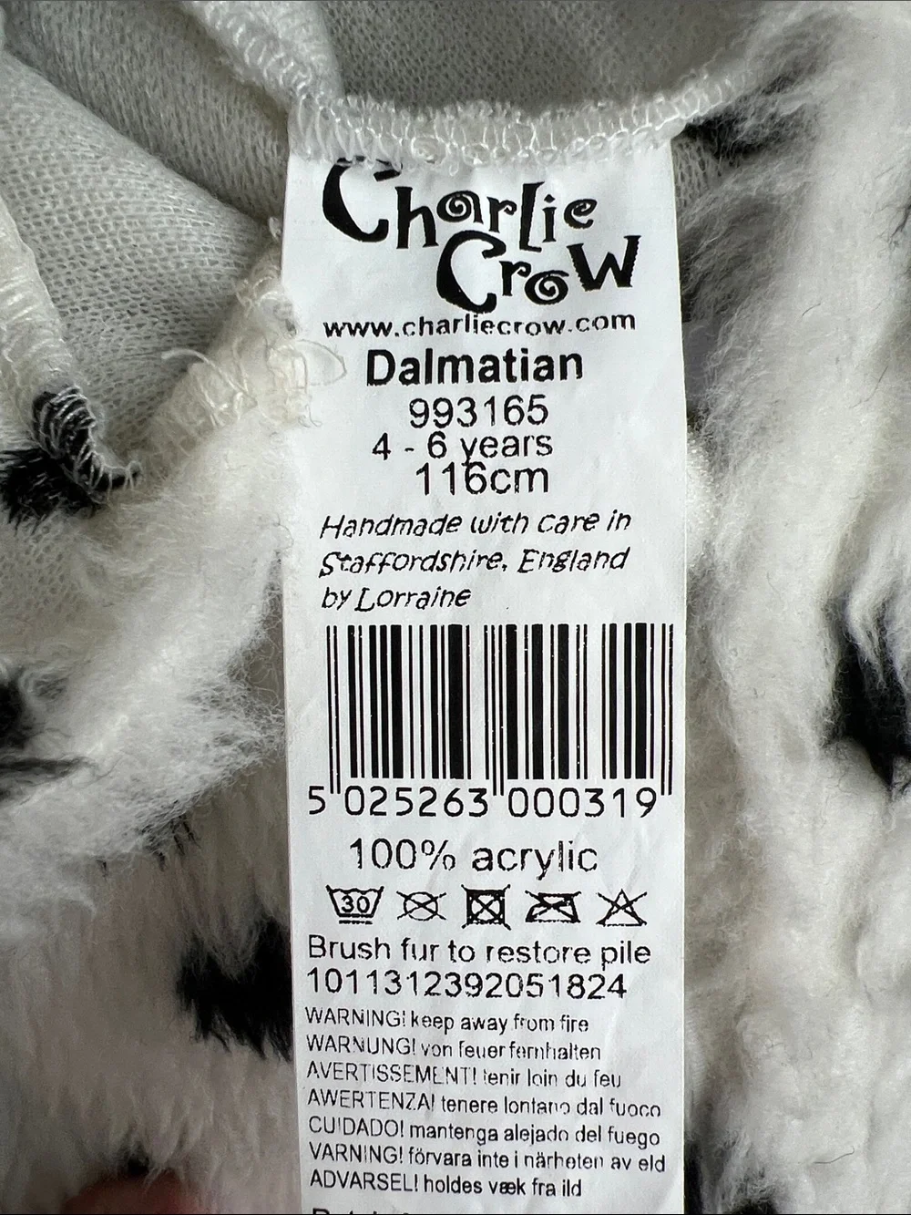 Charlie Crow Kids Dalmatian Dog Costume 4Y-6Y 116cm